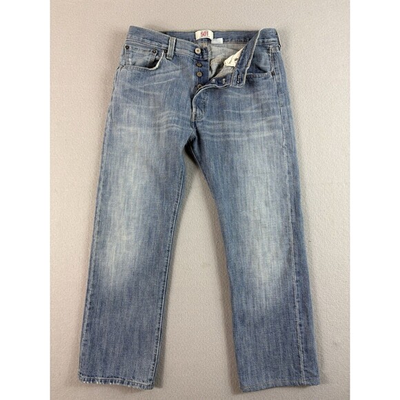 Levis 501 Jeans 34x27 Blue Button Fly Regular Fit Straight Leg Light Tag 34x30 - Picture 1 of 15